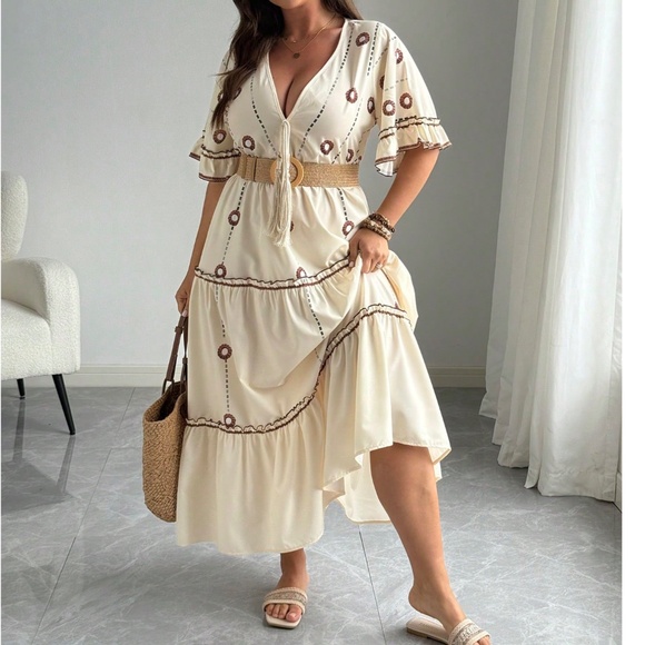 Plus Print Color Block Ruffle Short Sleeve Maxi Dress - Picture 1 of 4
